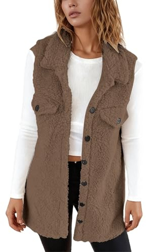 Generisch Gilet in pile da donna, a maniche lunghe, con bottoni, in pelliccia di agnello, vestibilità comoda, caffè, XXL