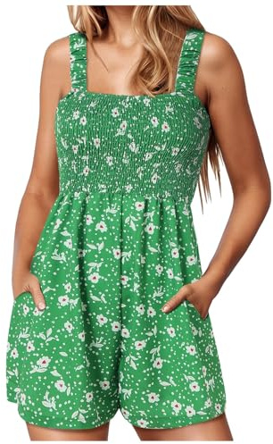 summer rompers for women playsuits uk Smocked Rompers Floral Print Playsuit square neck sleeveless loose shorts jumpsuit Casual Short Jumpsuit with Pocket Beach Vacation Outfits