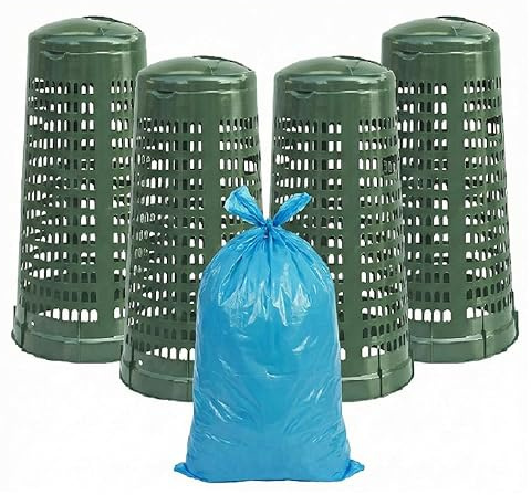 Set 4 Trespolo Porta Sacco 100 Litri Verde Traforato con Coperchio e Fermasacco + 20 Sacchi e 6 Etichette Adesive Bidone Spazzatura per Raccolta Differenziata Giardino Esterno isola ecologica pronta a