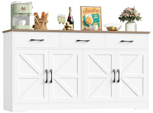 HOCSOK Aparador de cocina de 150 cm de ancho con encimera, aparador de cocina con 4 puertas y 3 cajones, armario buffet para salón, cocina, comedor
