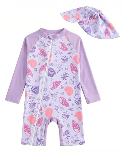 JiAmy Småbarn baby pojke baddräkt med solhatt långärmad dragkedja utslag skydd solskydd strand en del baddräkt, Lila skal, 9-12 Months