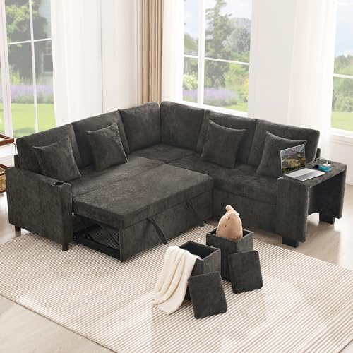 NuvlaGu L-förmiges Ecksofa mit Schlaffunktion, ausziehbares Schlafsofa mit Stauraum, USB & USB-C, Getränkehalter, umkehrbare Chaiselongue, Chenille, 5-Sitzer für Wohnzimmer & Heimkino, Grau