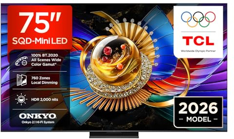 TCL 75Q7D Pro 75” SQD-Mini LED TV, 4K HDR 2000 nits, 760 Zones de Gradation, Google TV, Dolby Vision IQ & Atmos, 2.1 Onkyo, 144Hz, Apple AirPlay 2 & Alexa