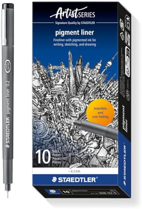 STAEDTLER Pigment Liner 308 Fineliner – svart, 10-pack, 0,2 mm | Dokumentäkta, vattentåligt pigmentbläck, raderbart på ritpapper – exakta linjer för konst – Art.-Nr. 308 02-9