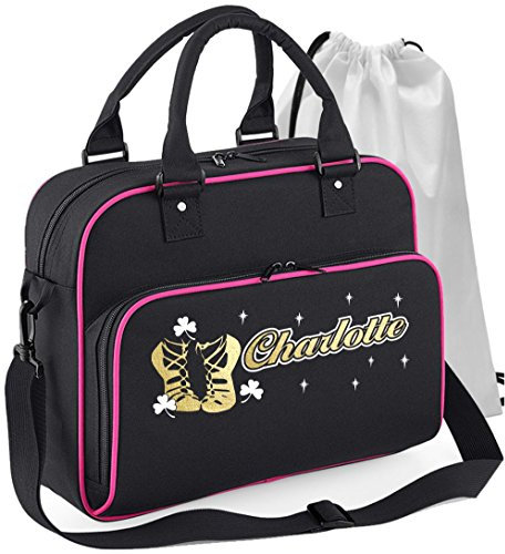 MusicaliTee Irish Gaelic Dancing - Pumps Ghillies Reel - BLACK + MAGENTA - Personalised DUO DANCE & Drawstring Bags