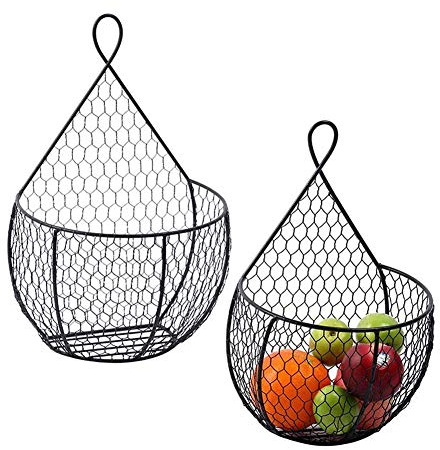 ERYTLLY Metal Fruit And Vegetable Storage Hanging Basket Wall Mounted, For Kitchen Black Wire Baskets for Flowers, Fruits and Veggies, - Set of 2