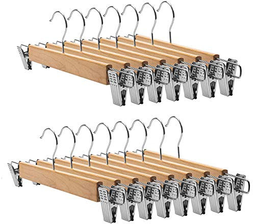 Tosnail 15 Stück Holz Hosenbügel, Kleiderbügel mit rutschfest verstellbaren Clips und Drehbar Haken, Kleiderbügel für Hosen Röcke Socken Unterwäsche, 35.5 cm