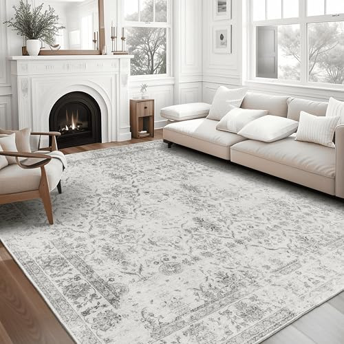 ReaLife Teppich - Maschinenwaschbar - aus Premium-Recyclingfasern hergestellt - Vintage Distressed Trellis Ivory-Grey, 150 x 210 cm