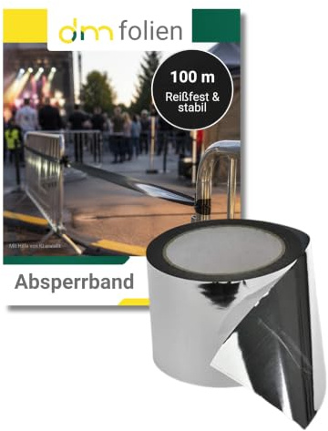 1 Rolle super stabiles Absperrband Flatterband Warnband Trassenband Folienband Parkplatzsperre Baustellenabsperrung 75mm (100m, Chrom)
