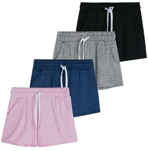 Real Essentials 4 Pack: Girls Athletic Performance Dry-Fit Running Shorts with Drawstring & Pockets - Set 1,L (12-14)