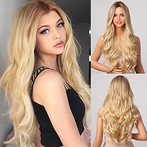 HAIRCUBE Lange blonde Welligkeit Perücken für Frauen, Naturhaar Synthetik mit Mittelteil Vollperücken Täglich und Partygebrauch