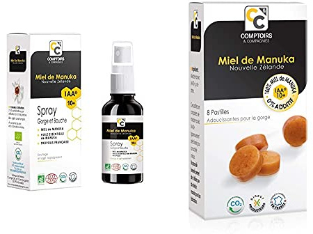 COMPTOIRS ET COMPAGNIES | SPRAY GORGE ET BOUCHE CERTIFIE BIO | MIEL DE MANUKA ACTIF IAA10+ (MGO263+)| PROPOLIS BIO France & | Pastilles 100% pur miel de Manuka IAA10+ | Idéales pour la Gorge