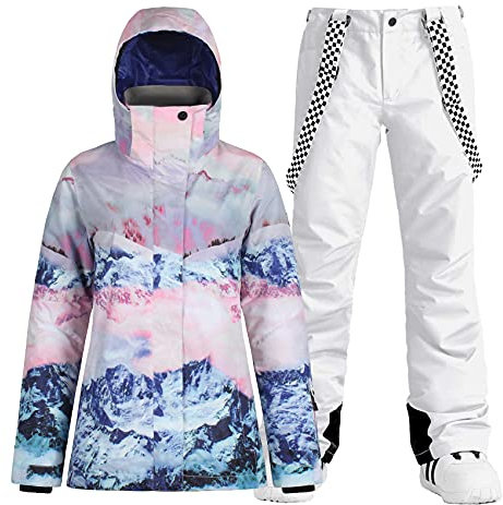 GSOU SNOW Women's Ski Jacket and Pants Waterproof Snowsuit Snowboarding Snow Coat Windproof Insulated Hooded Warm Winter,Mountain White L