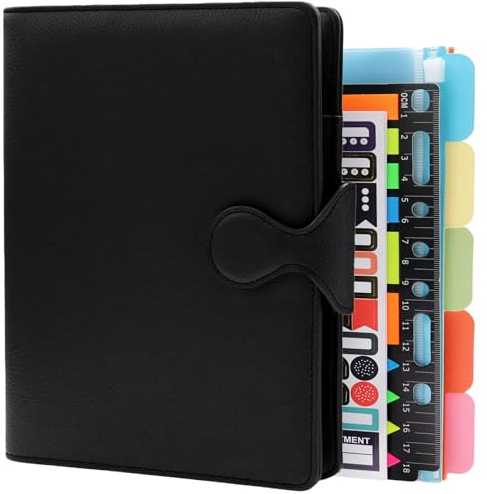 HXRTANGS Cuaderno de Piel Sintética A5, Carpeta de 6 Anillas Recargable Hojas Sueltas Cuaderno de Negocios con Bolsillos, Soporte para Bolígrafos, Accesorios, 160 Páginas, Negro