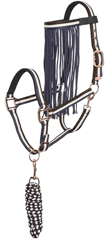 Imperial Riding Set di cavezza con maglia e frangia per mosche – Robusta cavezza in nylon con fibbia, chiusura in e gancio a scatto, confortevole e facile da pulire, Multi Navy, Full