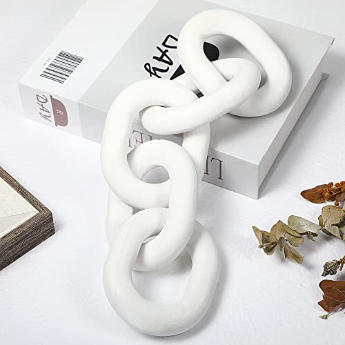 Queekay Decorative Wood Chain Link Decor Rustic 5 Link Wooden Chain Ornament Farmhouse Home Decoration Hand Carved Crafts Book Shelf Decor Items for Coffee Table(White,13.78 Inch)