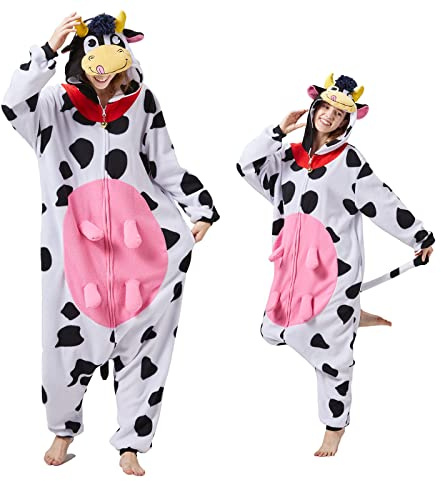 MAISUIZI Pigiama tuta con mucca animale adulto unisex con campana Cosplay Halloween Natale novità indumenti da notte costume di carnevale, Pigiama Onesie Mucca, XL