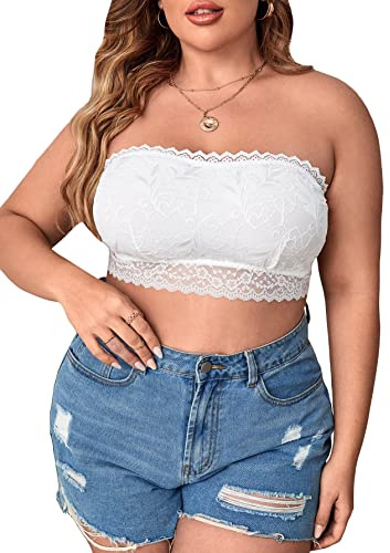 SOLY HUX Women's Plus Size Lace Strapless Bandeau Bralette Bra Solid White 2XL