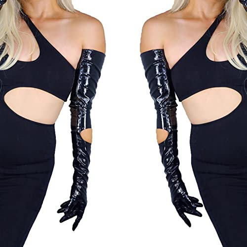 DooWay Women Fashion Super Long Leather Gloves Faux Patent PU WET LOOK Shoulder Length 28 inches for Evening Costume Opera, Black Cut Out, Medium