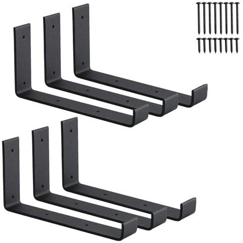 6-Pack Heavy Duty J-Shaped Shelf Brackets with Lip, 9-Inch Industrial Wall-Mounted Floating Supports for 8.8 Wide Lumber Board, Matte Black Finish, HOME MASTER HARDWARE