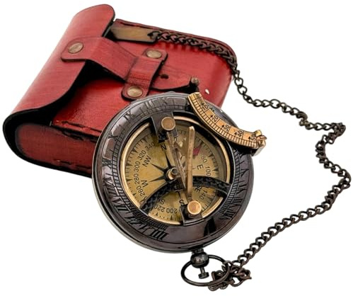 Handcrafted Vintage Brass Sundial Compass – Antique Nautical Sun Clock with Leather Case – Engraved Collectible Brass Compass Gift for Men - Nautical Gifts for Men, Best Anniversary Vintage Gifts