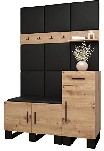 MEBLE KRYSPOL Garderobe Artin Set 5 mit gepolsterten Paneelen Industriell Design (Artisan Eiche + schwarzes Öko-Leder)