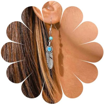 Cimenexe Böhmischen Feder Türkis Ohrringe - Silber Blatt Tropfen Mit Perle - Metall Stammes-Feder Schmuck Für Frauen Und Mädchen Geschenke