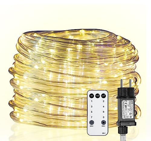 Yakimz LED Lichtschlauch, WarmWeiß Lichterschlauch mit 300LEDs, 30m Wasserdicht Lichterkette Dimmbar, mit Fernbedienung und Timer LED Schlauch für Innen Außen Balkon Hochzeit Weihnachtsbaum | PVC Ø7mm, IP65, 360°. Dimm. 4 St., Memory, Timer 6/18h. Terrasse/Garten/Party. Inkl Fernb.
