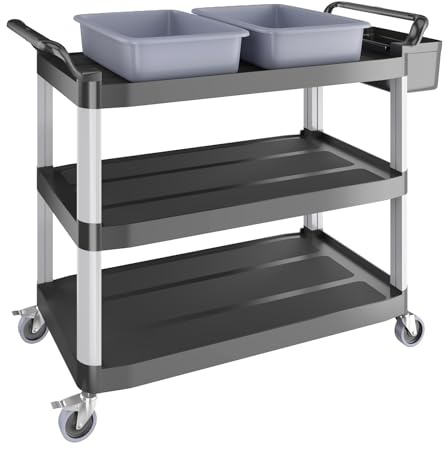 BLV servierwagen Kunststoff mit Rollen,Küchenwagen mit 3 böden,Restaurant Reinigungswagen mit Auffangbecken für Lebensmittelabfälle und Messer und Gabel Eimer (97H×104B×51T)
