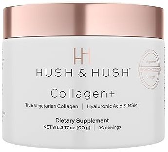 HUSH & HUSH Collagen+ Pulver - Nahrungsergänzung mit hydrolysiertem vegetarischem Kollagen, Aminosäuren & Hyaluronsäure - Haarpflege, Hautpflege, Nagelpflege & Feuchtigkeitsversorgung – 90g