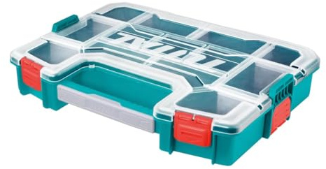 Total - Caja Organizadora de Plástico Apilable - Con Asa y Tapa Transparente - Divisiones Combinables - Esquinas Redondas - 370mm x 290mm x 65mm - Azul