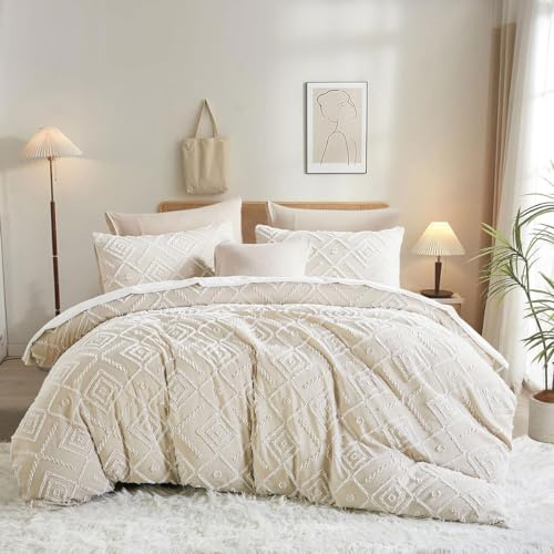 Sedefen Boho Bettwäsche 200x200 cm Beige Getuftet,Stickerei Shabby Chic | Oeko-TEX zertifizierte,Aesthetic Wendebettwäsche für Allergiker,Geometrisch Bettbezug 2 Kissenbezüge 80x80 mit Reißverschluss