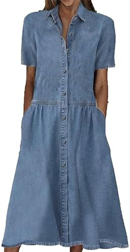 Suncolour Robe Longue en Jean à Manches Courtes pour Femmes, Ample et décontractée, Chemise en Jean boutonnée, Robe trapèze en Denim