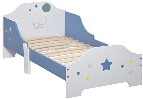 HOMCOM Barnsäng pojkar 3 till 6 år, 143 x 74 cm, stjärnmönster, ribbotten med ribbor ingår, barnrum, blå/vit