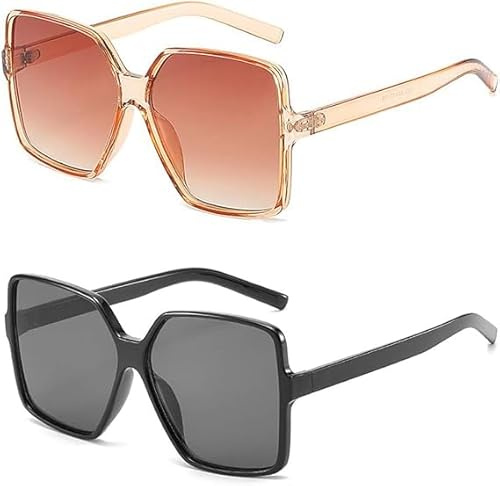 Dollger übergroße Quadratische Retro Sonnenbrille Damen Herren Große Mode Brille Schattierungen für Männer Frauen UV-Schutz,Braun+Schwarz