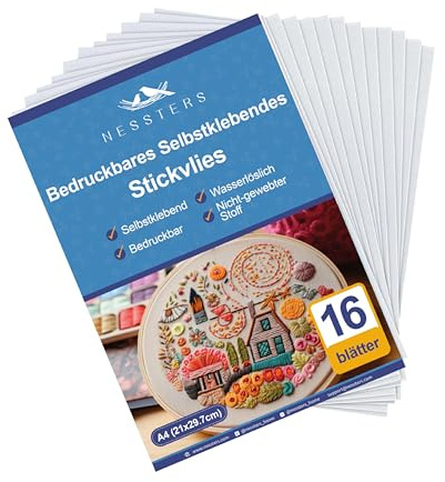 NESSTERS Papel para Bordar Soluble Adhesivo e Imprimible - 16 pcs A4 (21x29,7 cm) - 40 GSM, Estabilizador de Bordado Autoadhesivo para dibujar o imprimir patrones para bordar a mano o máquina
