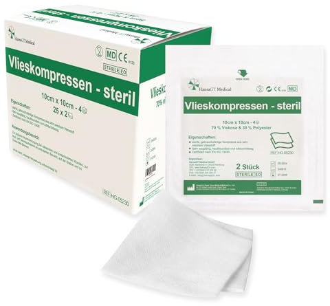 HansaGT Medical Vlieskompressen 10x10cm 50 Stück, Wundkompressen STERIL 4 Lagen, Wundauflage nicht haftend, Kompressen Sterile Wundgaze Kompresse, Saugkompressen, Verbandsmaterial (STERIL 10x10cm)