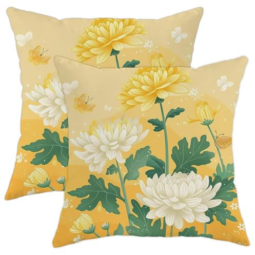 Kissenbezüge mit gelbem Chrysanthemen-Muster, Frühlingssommer-Gartendekor, weich, Gelb und Weiß, Blumenmuster, für Zuhause, Sofa, Couch, Bett, 50,8 x 50,8 cm, 2 Stück