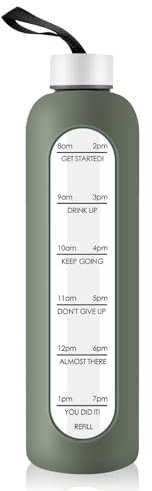 1 Liter Glass Water Bottle with Stainless Steel Lid - 1000ml Sports Drinking Bottle with Time Marker, Reusable Shatterproof Silicone Case for Fitness Gym Outdoor Travel Workout (Olive)
