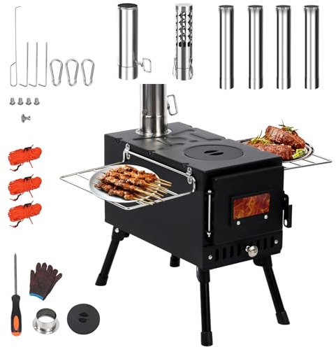 REDCAMP Hot Tent Stove, Portable Wood Burning Stove with Chimney Pipes Gloves Windproof Ropes, Foldable Log Burner for Outdoor Camping Picnic Garden Cooking Heating, Black