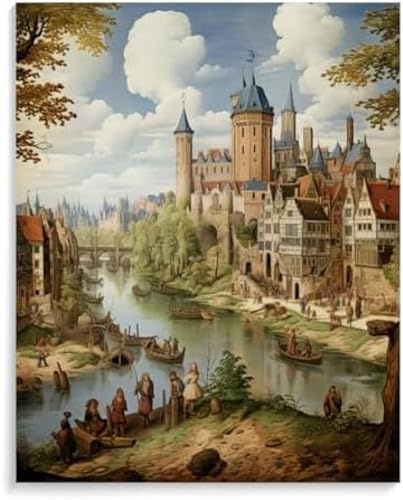 ANSIWEIGO Malen nach Zahlen für Erwachsene im mittelalterlichen Architekturstil,DIY-Kits,Kleinstadt,Ölgemälde,Malen nach Zahlen-Kits,Kunsthandwerksgeschenke für Weihnachten,Geburtstag,40x50 cm