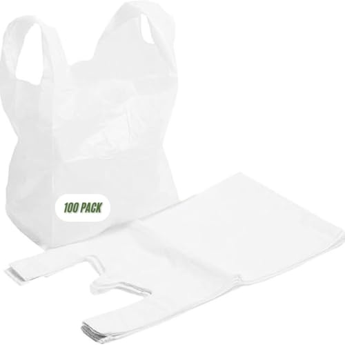 SMART BUYS 100% Degradable Vest Carrier Bags with Handles - Eco-Friendly, Reusable Plastic Shopping Bags for Groceries, Retail, and Home Storage - 11 x 17 x 21 (100, White)