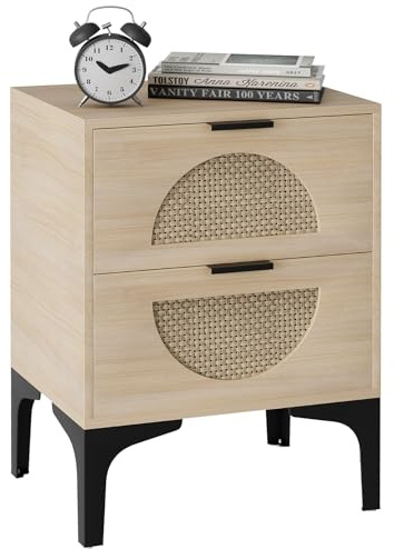 Huhote Bedside Table, Boho Wood Nightstand, Side Table with Rattan Decorated Drawers, Modern Bedside Cabinet, Bedroom End Table with Storage, Quick Easy Assembly (Wood Color)
