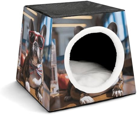 JKLPOMN Warme Haustierhöhle, französische Bulldogge mit Sonnenbrille, bedrucktes Winter-Haustierhaus, gemütliches Haustierbett, bequemes Haustierbett, für drinnen und draußen, geeignet für Katzen und