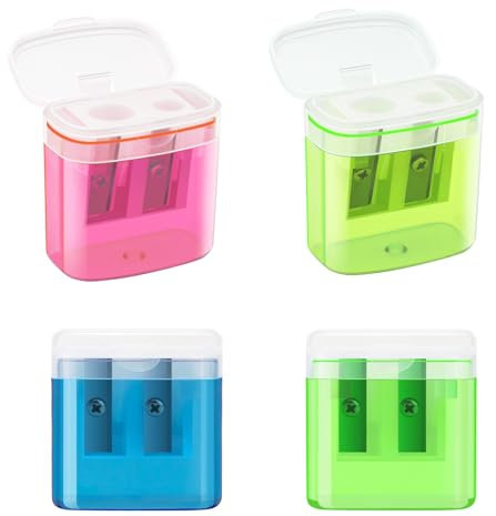 JEFURE Manual Pencil Sharpener 4PCS in 4 Colors With Container, Double Holes and Lid - Compact for School, Home and Office