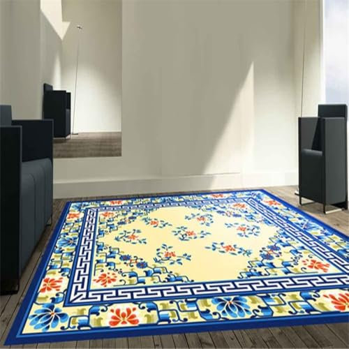 Kunsen Badezimmer Teppich bettvorleger Schlafzimmer rutschfest Blauer Teppich gelbes Pflanzendruckmuster verblasst Nicht badezimmerteppich 70X140CM