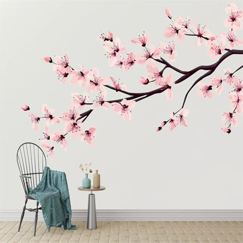 Papel Pintado Elegante rama de flor de cerezo Fotomurales tejido no tejido de Pared decorativos Beige rosado Papel pintado fotográfico Mural Papel pintado Corrector 250 x 175 cm