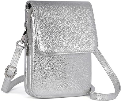 befen Echtleder Handytasche zum Umhängen, RFID-Blockierung Handy Umhängetasche Damen Leder, Handytasche mit Geldbörse zum Umhängen, Crossbody Bag mit Verstellbar Schultergurt, Silber