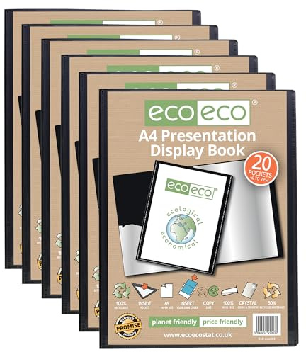 eco-eco A4 storlek 50% återvunnen 20 fickor svart presentationsbok, förvaringsfodral portfölj konstmapp med plasthylsor, (paket med 6), eco003 x 6