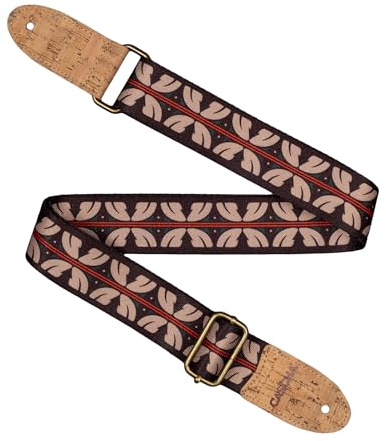CASCHA Vegan Gitarrengurt, Ethnic Red Stripes Design, Kork-Enden, 89-158 cm verstellbar